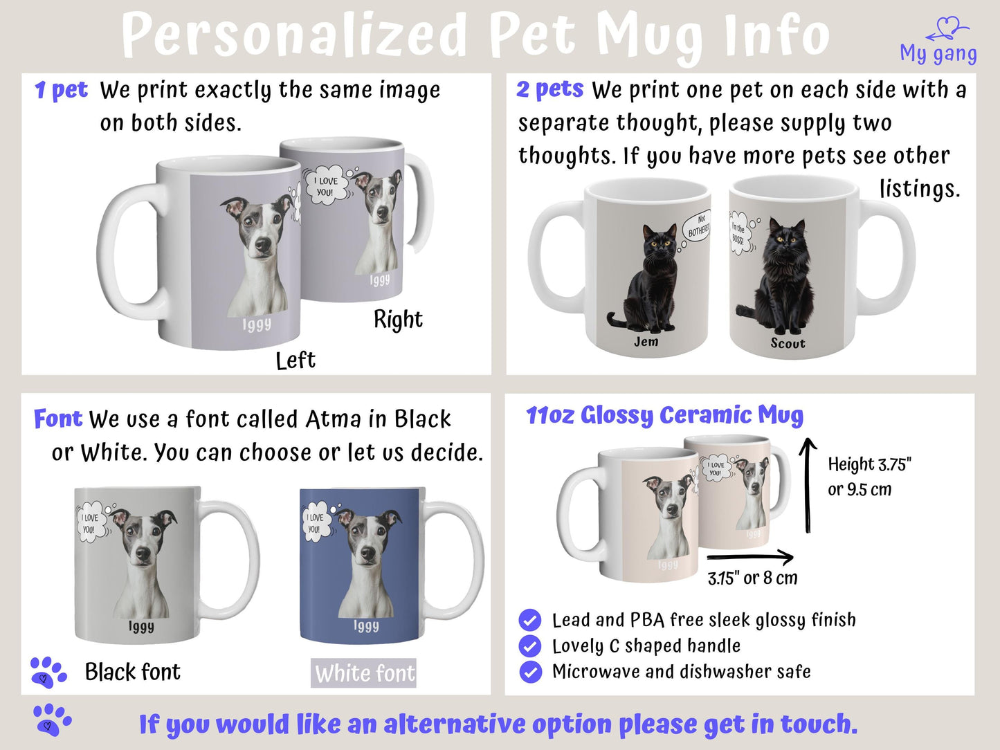Custom Photo Mug with Pets Name & Whimsical Pet 'Thought' Text, Personalized Portrait Coffee Cup Gift For Dog Moms Cat Dads | Animal Lovers