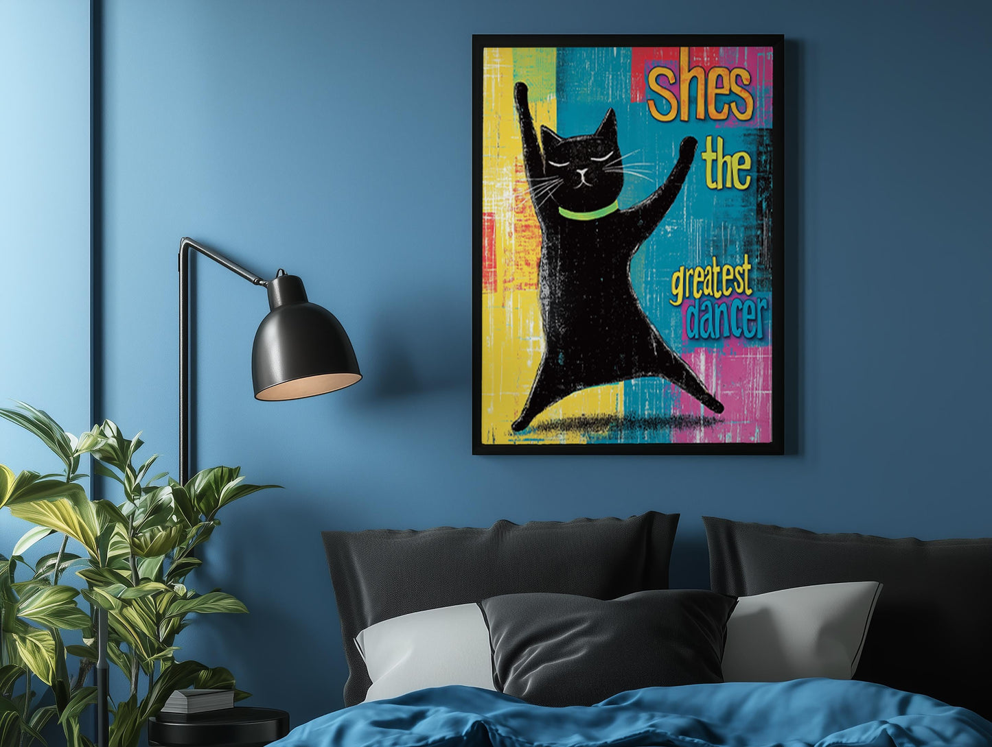 Cat Wall Art, Colourful Black Cat Print Disco Dancing, Fun Kitchen Decoration, Unique Home Decor Cute Cat Poster Gift for Animal Lovers