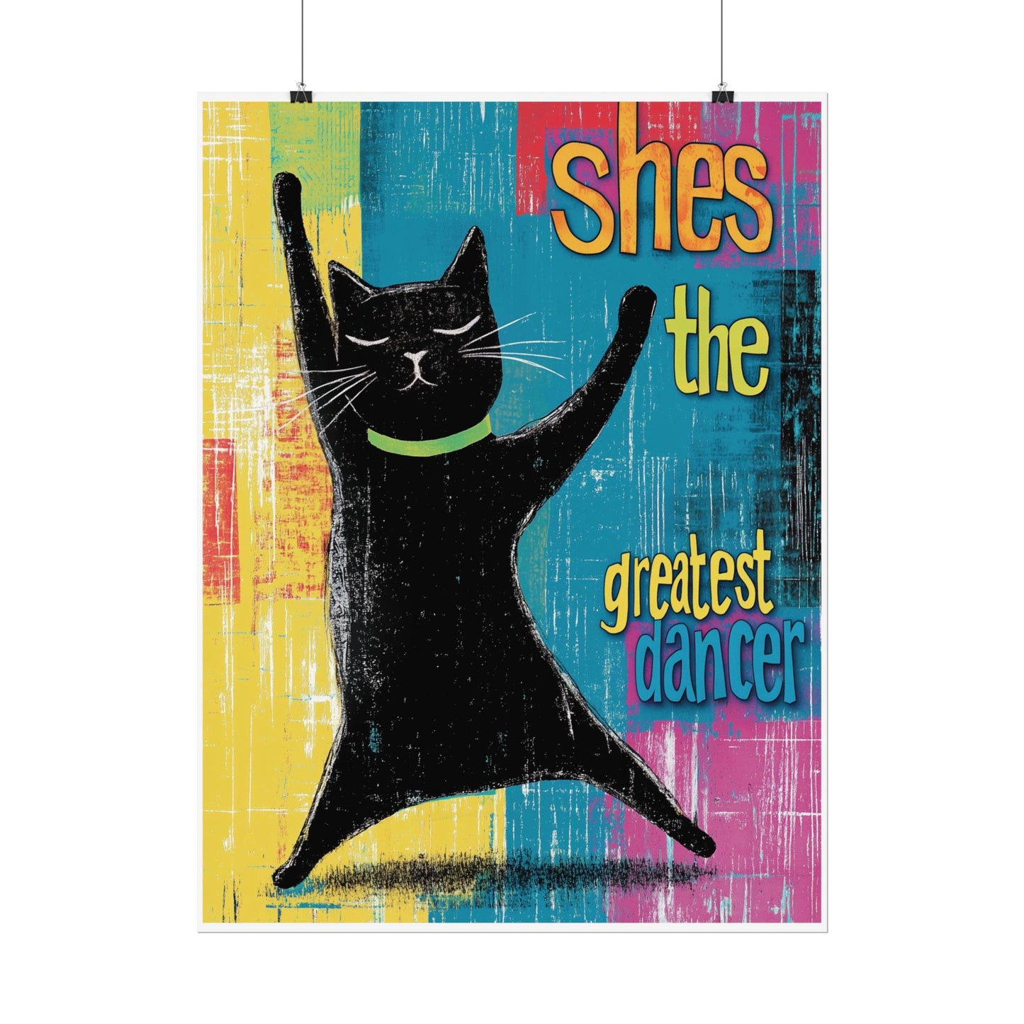 Cat Wall Art, Colourful Black Cat Print Disco Dancing, Fun Kitchen Decoration, Unique Home Decor Cute Cat Poster Gift for Animal Lovers