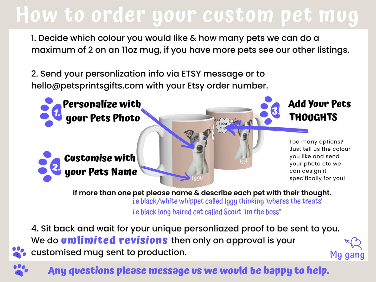 Custom Photo Mug with Pets Name & Whimsical Pet 'Thought' Text, Personalized Portrait Coffee Cup Gift For Dog Moms Cat Dads | Animal Lovers