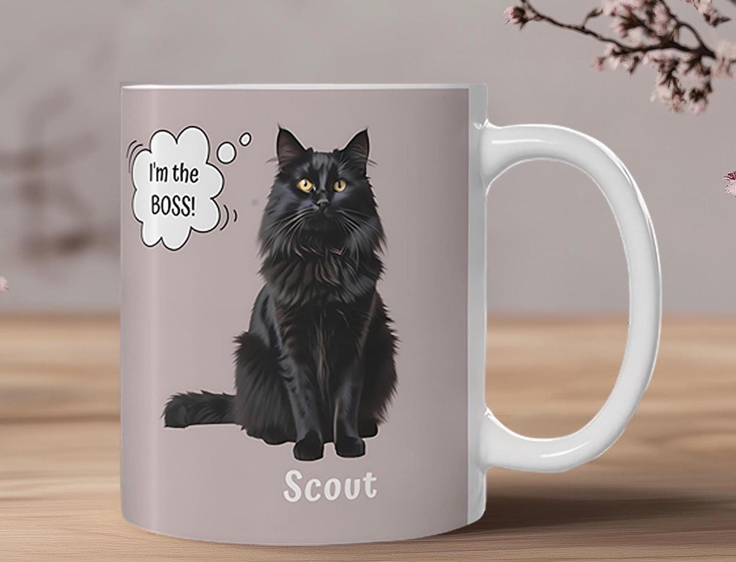 Custom Photo Mug with Pets Name & Whimsical Pet 'Thought' Text, Personalized Portrait Coffee Cup Gift For Dog Moms Cat Dads | Animal Lovers
