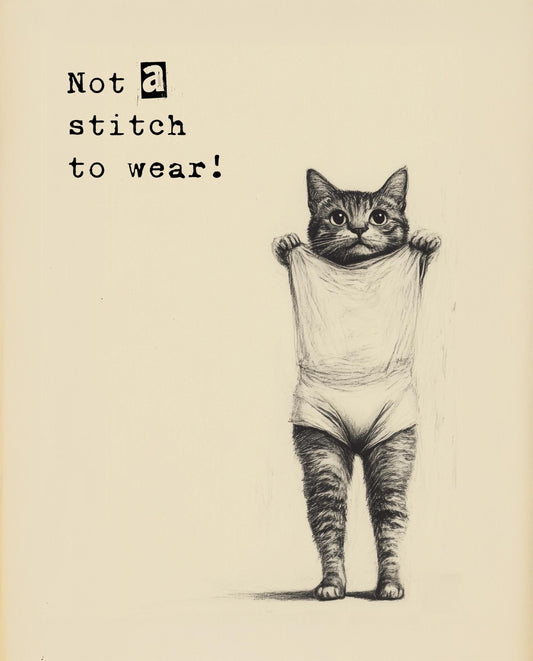 Cat Wall Art Vintage Poster, Whimsical Art Print With High Waisted Pants & Fun Text Phrase, Black Cream Home Wall Decor Animal Lovers Gift