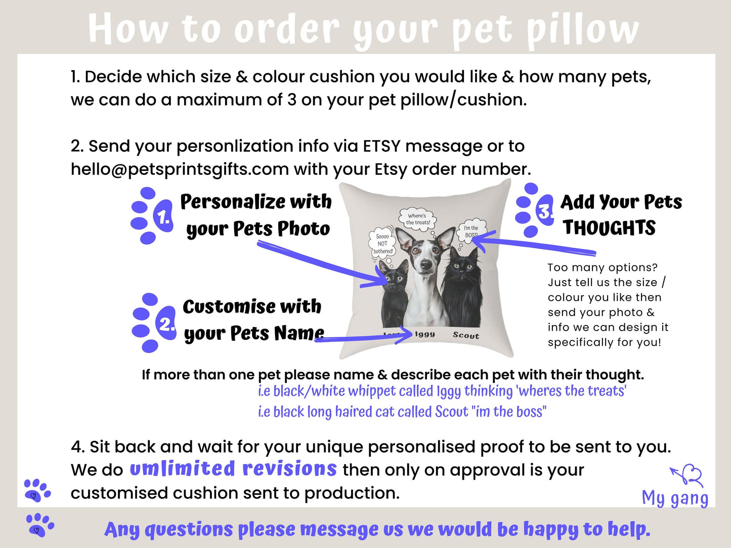Pet Pillow Personalised from Photo + Name + Unique Personalized Text Quote, Home Decor Cushion Fun Unique Dog or Cat Personalities Pet Gift