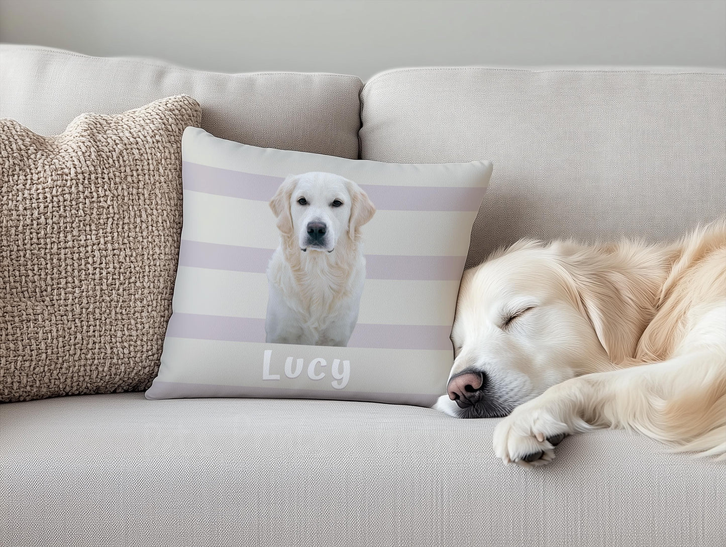 Custom Striped Pet Pillow Personalized Dog or Cat Portrait Cushion from Photo & Name , Unique Contemporary Home Decor Gift for Animal Lovers