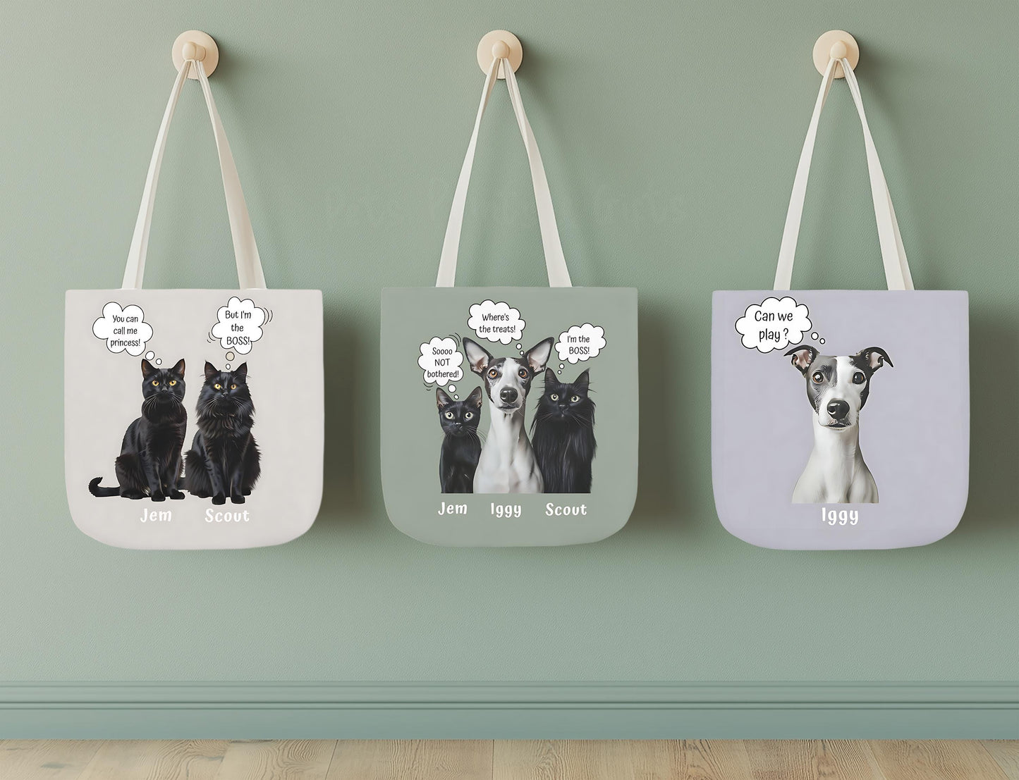 Personalized Pet Tote Bag with Photo & Name + Funny 'Thought' Custom Text Dog Or Cat Portrait, Bespoke Printed Pet Mom Tote, Pet Owners Gift