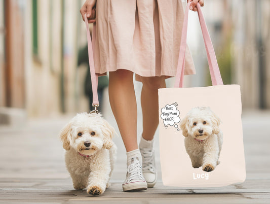 Personalized Pet Tote Bag with Photo & Name + Funny 'Thought' Custom Text Dog Or Cat Portrait, Bespoke Printed Pet Mom Tote, Pet Owners Gift