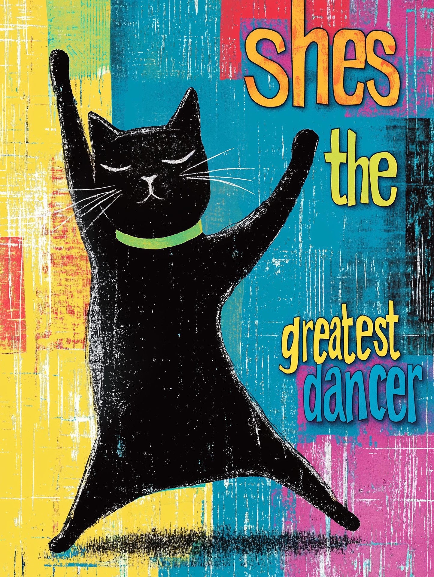 Cat Wall Art, Colourful Black Cat Print Disco Dancing, Fun Kitchen Decoration, Unique Home Decor Cute Cat Poster Gift for Animal Lovers