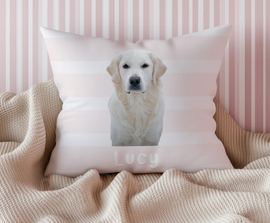 Custom Striped Pet Pillow Personalized Dog or Cat Portrait Cushion from Photo & Name , Unique Contemporary Home Decor Gift for Animal Lovers