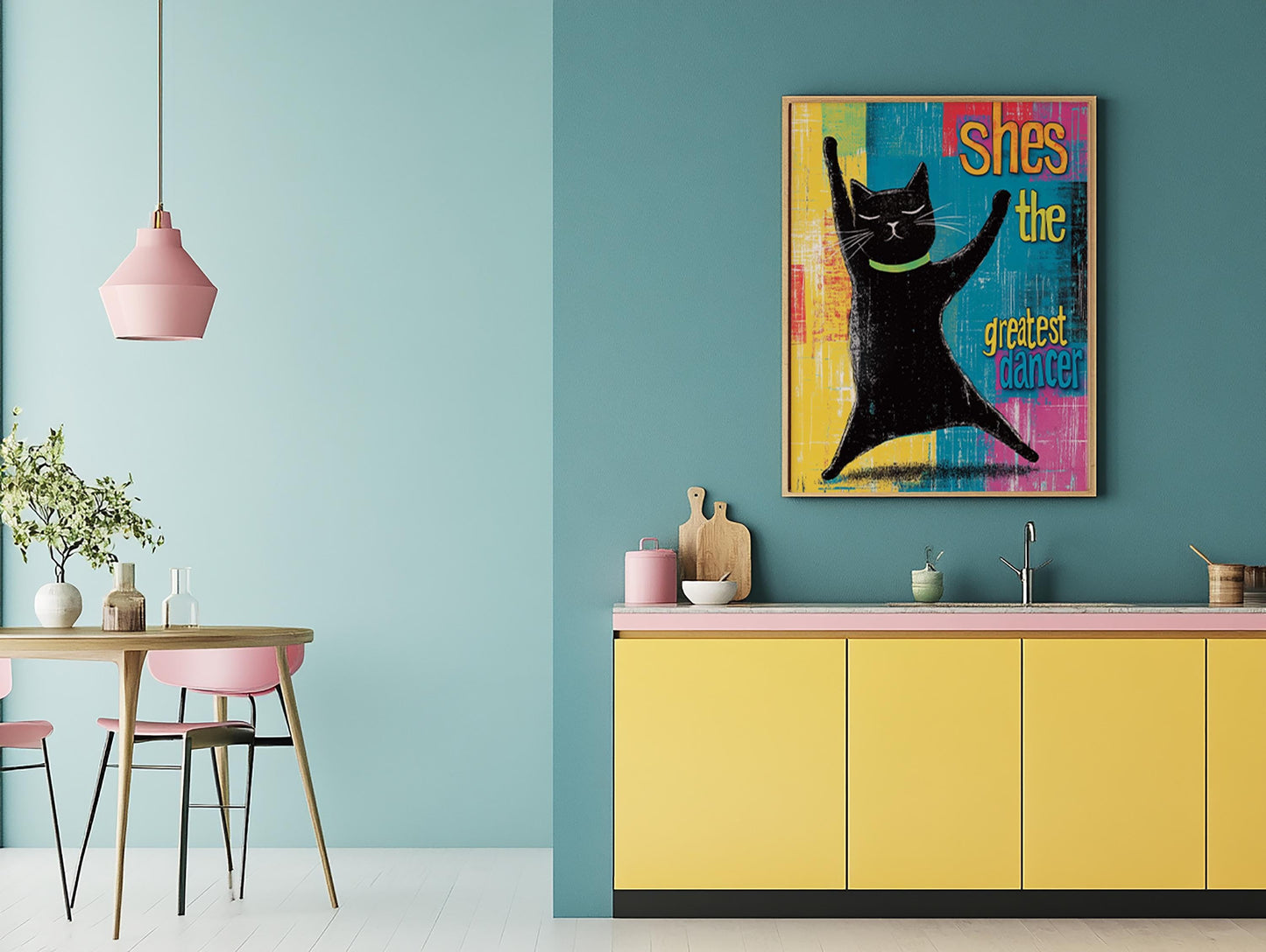 Cat Wall Art, Colourful Black Cat Print Disco Dancing, Fun Kitchen Decoration, Unique Home Decor Cute Cat Poster Gift for Animal Lovers