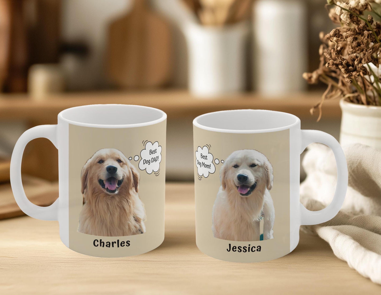 Custom Photo Mug with Pets Name & Whimsical Pet 'Thought' Text, Personalized Portrait Coffee Cup Gift For Dog Moms Cat Dads | Animal Lovers