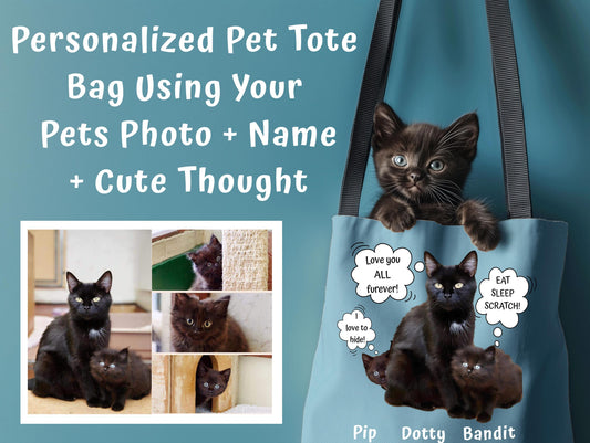 Tote Bag Personalized From Pet Photo + Name + Fun Cute Quote, Unique Personalized Pet Portrait Canvas Bag, Everyday Reusable Personal Gift