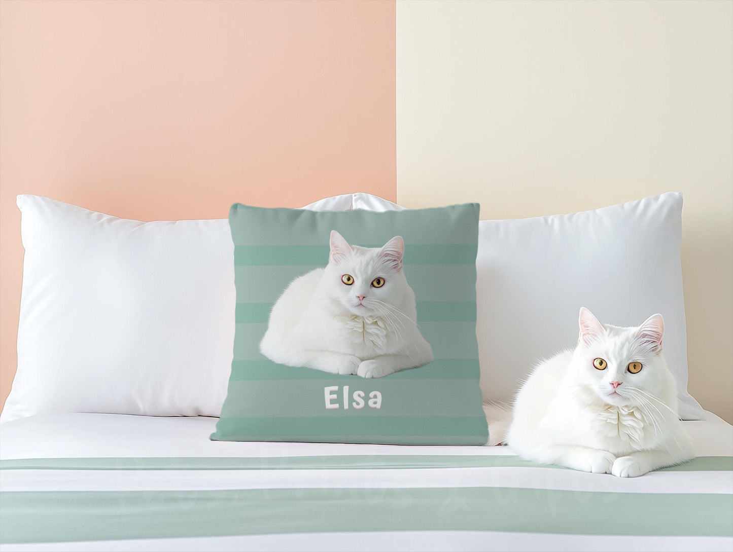 Custom Striped Pet Pillow Personalized Dog or Cat Portrait Cushion from Photo & Name , Unique Contemporary Home Decor Gift for Animal Lovers