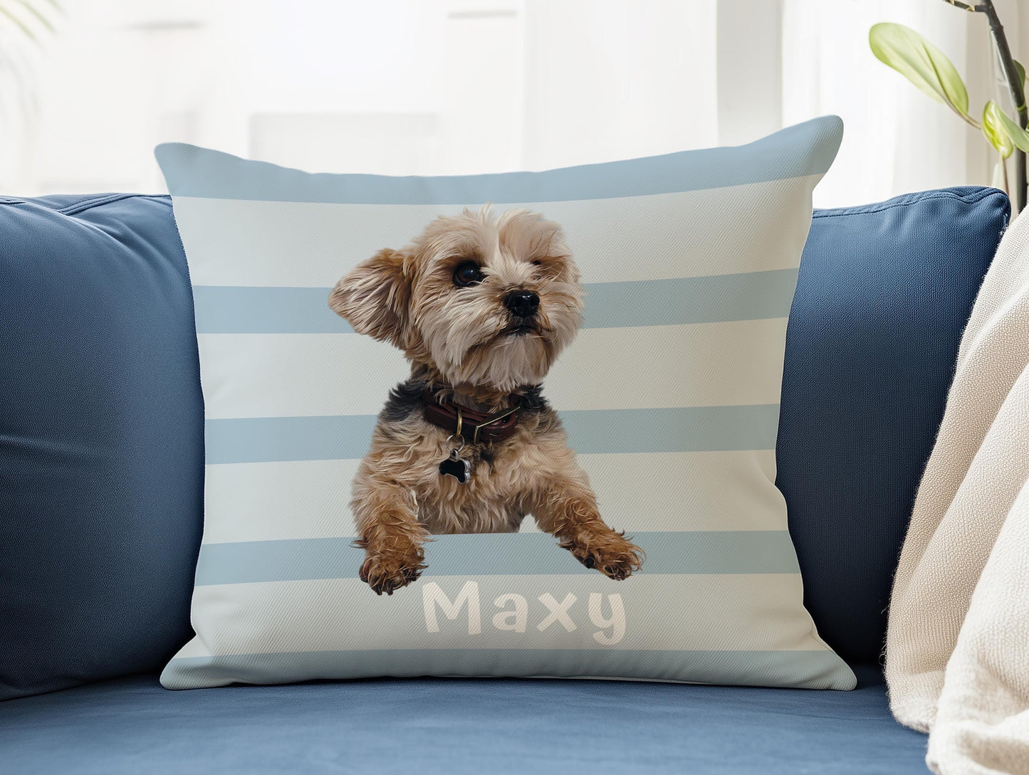 Custom Striped Pet Pillow Personalized Dog or Cat Portrait Cushion from Photo & Name , Unique Contemporary Home Decor Gift for Animal Lovers