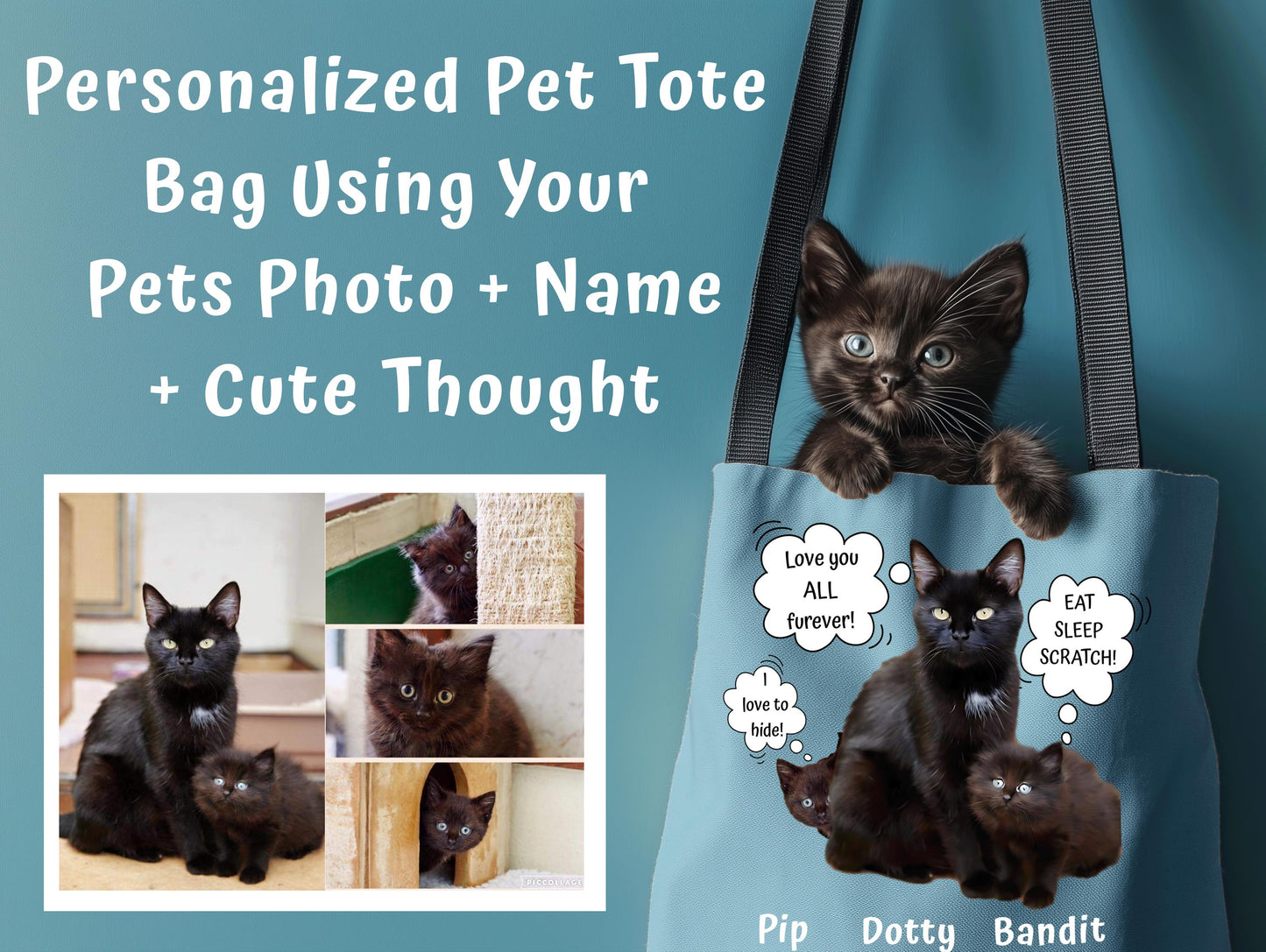 Personalized Pet Tote Bag with Photo & Name + Funny 'Thought' Custom Text Dog Or Cat Portrait, Bespoke Printed Pet Mom Tote, Pet Owners Gift