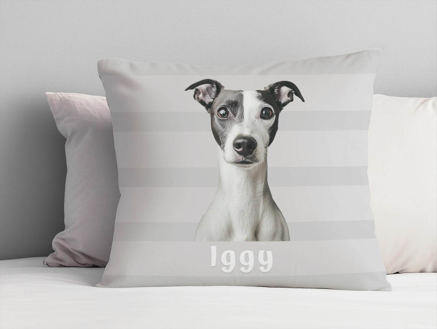 Custom Striped Pet Pillow Personalized Dog or Cat Portrait Cushion from Photo & Name , Unique Contemporary Home Decor Gift for Animal Lovers