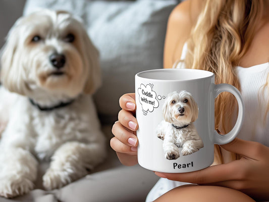 Custom Photo Mug with Pets Name & Whimsical Pet 'Thought' Text, Personalized Portrait Coffee Cup Gift For Dog Moms Cat Dads | Animal Lovers