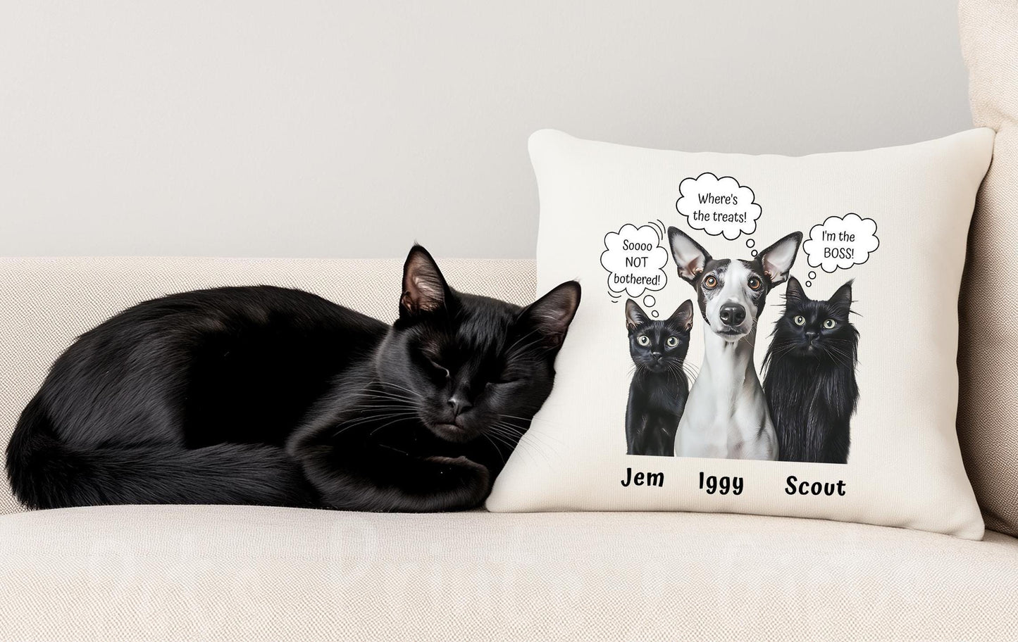 Customized Pet Pillow from Photo + Name + Cute Fun Quote, Personalized Portrait Cushion, Unique Cat Dog Personalities Pet Lover | Owner Gift