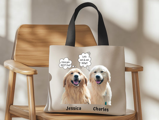 Personalized Pet Tote Bag with Photo & Name + Funny 'Thought' Custom Text Dog Or Cat Portrait, Bespoke Printed Pet Mom Tote, Pet Owners Gift