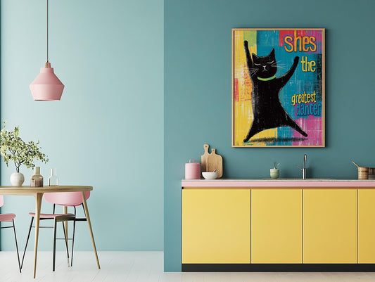 Cat Wall Art, Colourful Black Cat Print Disco Dancing, Fun Kitchen Decoration, Unique Home Decor Cute Cat Poster Gift for Animal Lovers