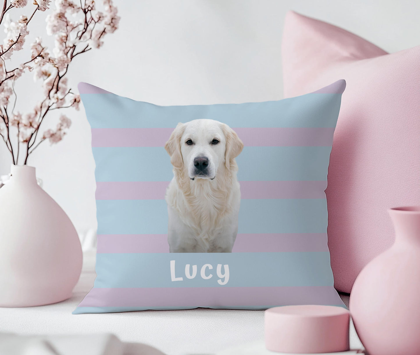 Custom Striped Pet Pillow Personalized Dog or Cat Portrait Cushion from Photo & Name , Unique Contemporary Home Decor Gift for Animal Lovers
